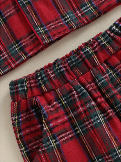 Kids Christmas Set - Red & Plaid Button-Up Long Sleeve Shirt & Elastic Pants, Cozy Winter Outfit with Snap Closure, Soft Fabric for Holiday Parties, for Outdoor
