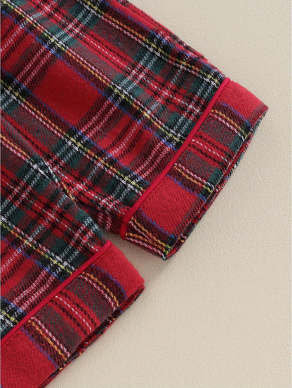 Kids Christmas Set - Red & Plaid Button-Up Long Sleeve Shirt & Elastic Pants, Cozy Winter Outfit with Snap Closure, Soft Fabric for Holiday Parties, for Outdoor
