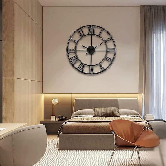 Large Silent Vintage Wall Clock with Roman Numerals, Battery-Powered, Round Black Metal Design for Home, Living Room, or Bedroom Decor, Office Wall Clock | Minimalist Decor | Sleek Black Finish