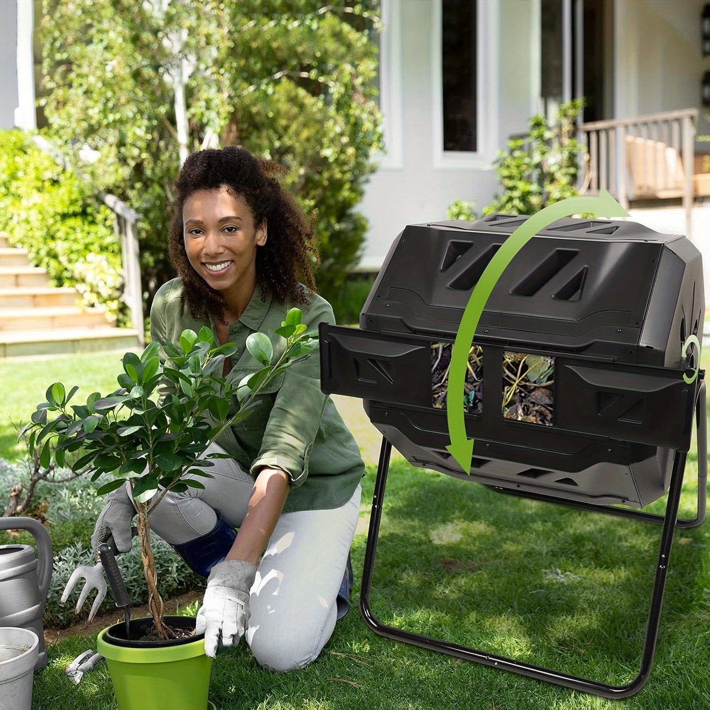 Tumbling Compost Bin 160L, Dual Chamber Rotating Composter, Compost Tumbler Tumbling Composter, Create Fertile Soil, Aerating Compost Tumbler Bin, Black