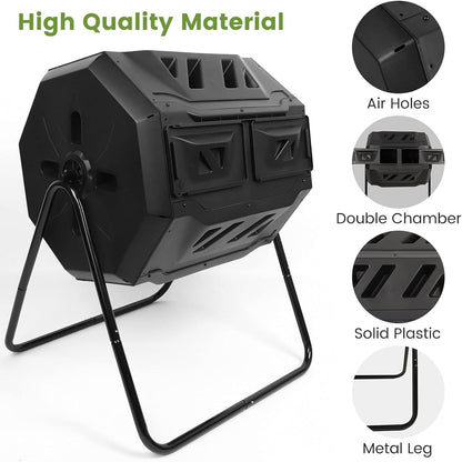 Tumbling Compost Bin 160L, Dual Chamber Rotating Composter, Compost Tumbler Tumbling Composter, Create Fertile Soil, Aerating Compost Tumbler Bin, Black