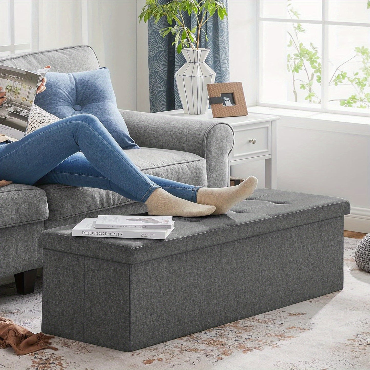 SONGMICS Storage Ottoman, Padded Foldable Bench, Chest with Lid, 80L Capacity, Holds up to 300kg, for Bedroom, Hallway, Living Room, Light Grey LSF84GYX