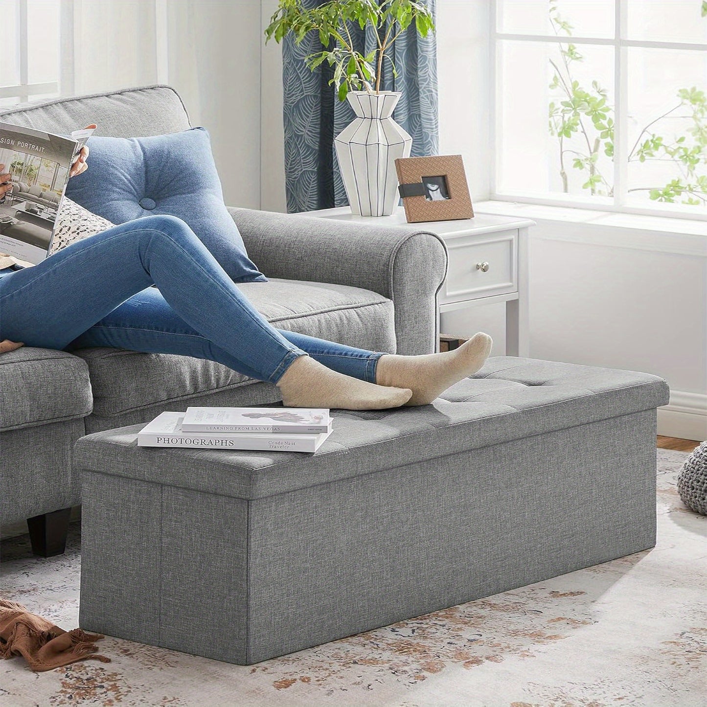 SONGMICS Storage Ottoman, Padded Foldable Bench, Chest with Lid, 80L Capacity, Holds up to 300kg, for Bedroom, Hallway, Living Room, Light Grey LSF84GYX