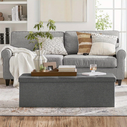 SONGMICS Storage Ottoman, Padded Foldable Bench, Chest with Lid, 80L Capacity, Holds up to 300kg, for Bedroom, Hallway, Living Room, Light Grey LSF84GYX