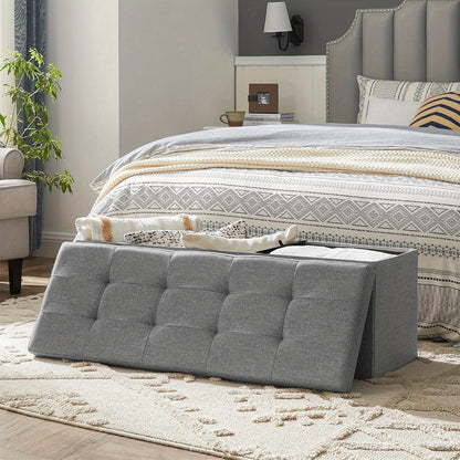 SONGMICS Storage Ottoman, Padded Foldable Bench, Chest with Lid, 80L Capacity, Holds up to 300kg, for Bedroom, Hallway, Living Room, Light Grey LSF84GYX