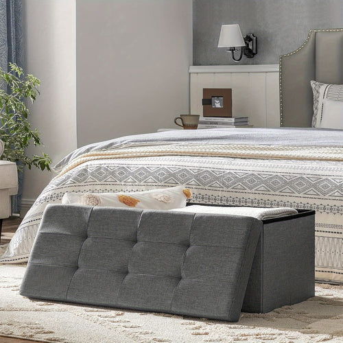 Large-Capacity Foldable Storage Stool with Hinged-Lid - Heavy-Duty Foldable Footrest, Cushioned &, Space-Saving for Living Room, Bedroom, Hallway (Grey) | Multi-Use Table, Shoe, Step Stool