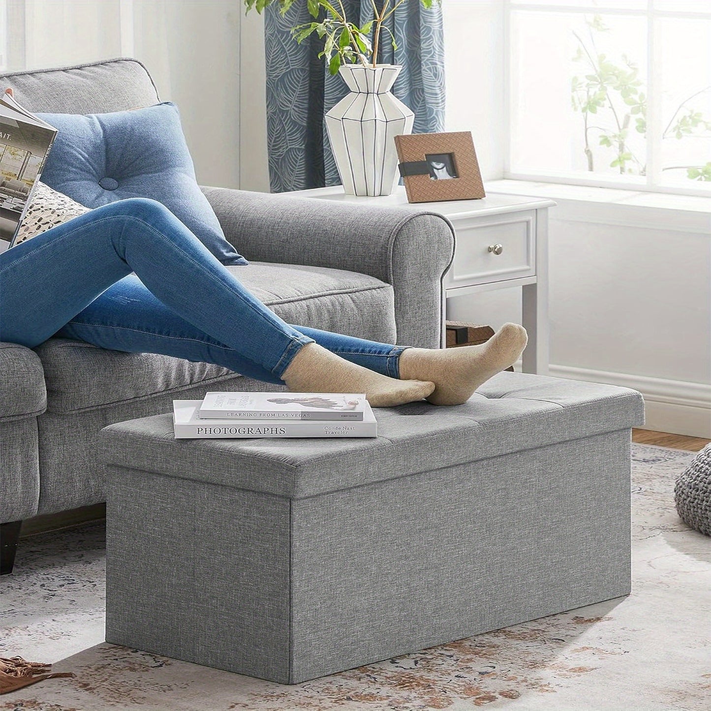 Large-Capacity Foldable Storage Stool with Hinged-Lid - Heavy-Duty Foldable Footrest, Cushioned &, Space-Saving for Living Room, Bedroom, Hallway (Grey) | Multi-Use Table, Shoe, Step Stool