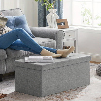 Large-Capacity Foldable Storage Stool with Hinged-Lid - Heavy-Duty Foldable Footrest, Cushioned &, Space-Saving for Living Room, Bedroom, Hallway (Grey) | Multi-Use Table, Shoe, Step Stool