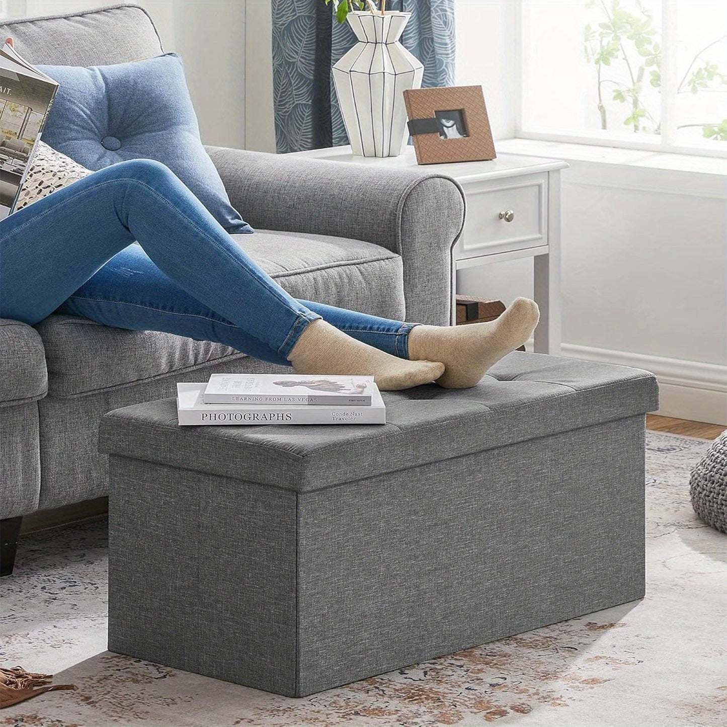 Large-Capacity Foldable Storage Stool with Hinged-Lid - Heavy-Duty Foldable Footrest, Cushioned &, Space-Saving for Living Room, Bedroom, Hallway (Grey) | Multi-Use Table, Shoe, Step Stool