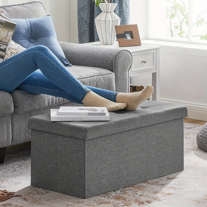 Large-Capacity Foldable Storage Stool with Hinged-Lid - Heavy-Duty Foldable Footrest, Cushioned &, Space-Saving for Living Room, Bedroom, Hallway (Grey) | Multi-Use Table, Shoe, Step Stool