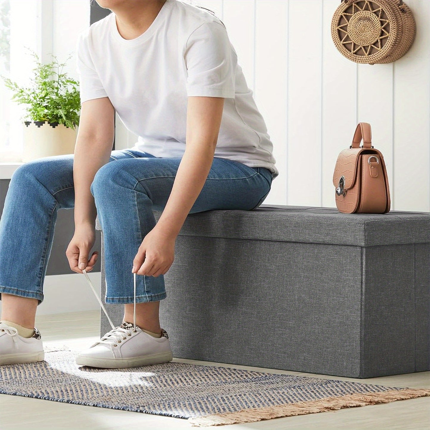 Large-Capacity Foldable Storage Stool with Hinged-Lid - Heavy-Duty Foldable Footrest, Cushioned &, Space-Saving for Living Room, Bedroom, Hallway (Grey) | Multi-Use Table, Shoe, Step Stool