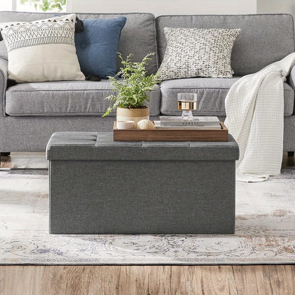 Large-Capacity Foldable Storage Stool with Hinged-Lid - Heavy-Duty Foldable Footrest, Cushioned &, Space-Saving for Living Room, Bedroom, Hallway (Grey) | Multi-Use Table, Shoe, Step Stool