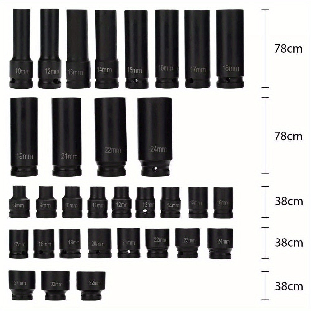 35pcs 1/ 2" Sq Metric Drive Deep Impact Socket Tool Set Garage Kit 8-32mm + Case