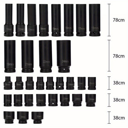 35pcs 1/ 2" Sq Metric Drive Deep Impact Socket Tool Set Garage Kit 8-32mm + Case