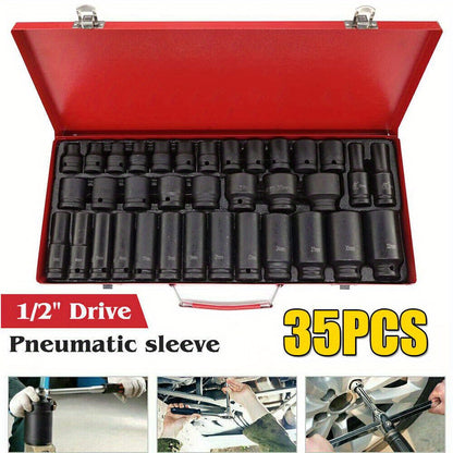 35pcs 1/ 2" Sq Metric Drive Deep Impact Socket Tool Set Garage Kit 8-32mm + Case