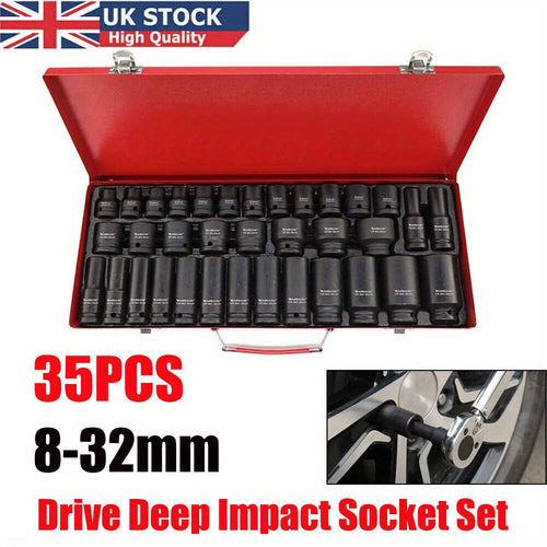 35pcs 1/ 2" Sq Metric Drive Deep Impact Socket Tool Set Garage Kit 8-32mm + Case