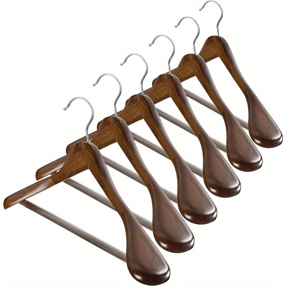 ZOBER High-Grade Wide Shoulder Wooden Hangers 6 Pack for Closet, Non Slip Pants Bar, Holds Upto 9.07KG, 360° Swivel Hook