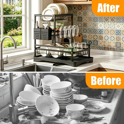 1pc 3-Tier Dish Drainer Rack for Kitchen Counter, Space-Saving Large Capacity Drying Rack with Utensil Holder, Cutting Board Holder, Cup Holder, And Draining Board