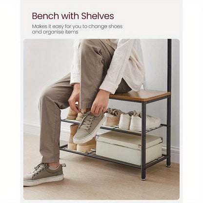Industrial Multi-Functional Coat Rack with Bench, Shoe Rack & Storage - Freestanding Clothes Rack Suitable for Entryway, Hallway, Small Spaces - Metal Frame & Wood Components, Space-Saving Furniture (No Assembly of other parts needed)