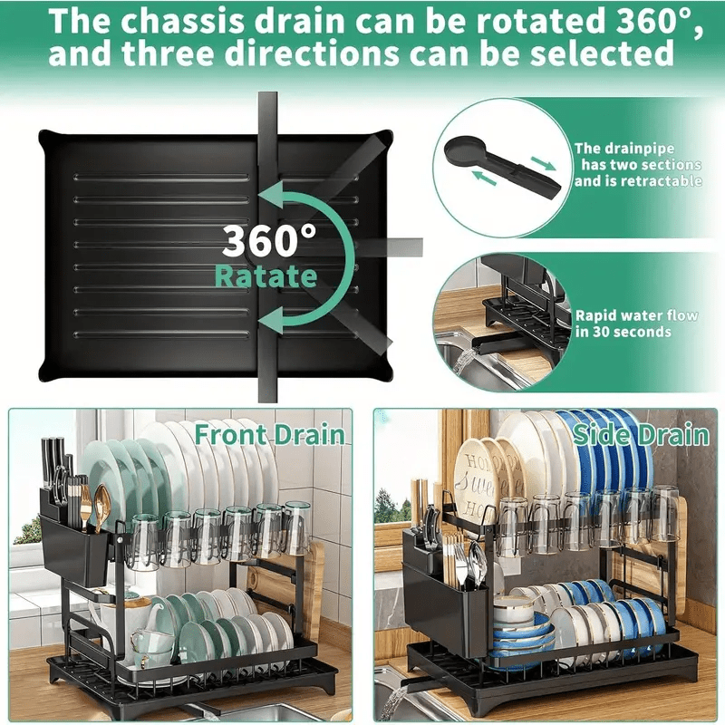 Premium 2-Tier Rustproof Dish Drying Rack with Drainboard, Cloth Sponge Drain Rack, Utensil Holder-Sturdy Kitchen Counter Organizer, Space-saving Storage Solution