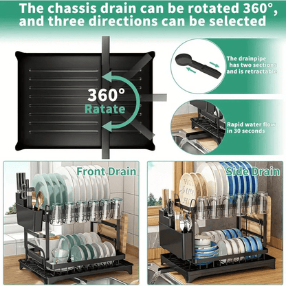 Premium 2-Tier Rustproof Dish Drying Rack with Drainboard, Cloth Sponge Drain Rack, Utensil Holder-Sturdy Kitchen Counter Organizer, Space-saving Storage Solution