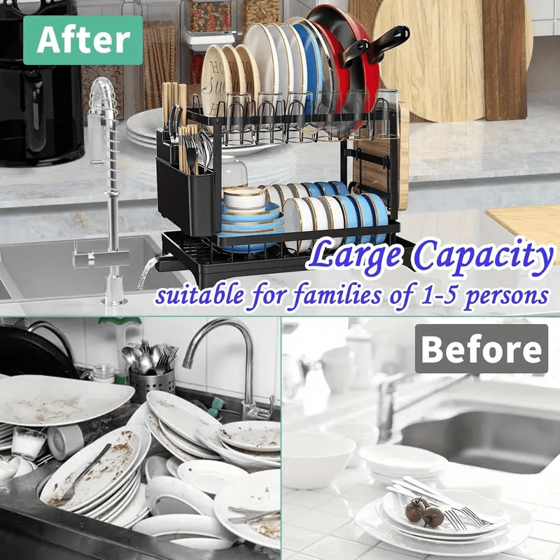 Premium 2-Tier Rustproof Dish Drying Rack with Drainboard, Cloth Sponge Drain Rack, Utensil Holder-Sturdy Kitchen Counter Organizer, Space-saving Storage Solution