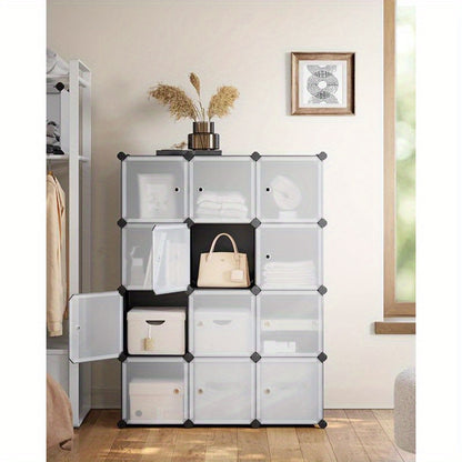 12-Cube Storage Unit, Shoe Rack, Stackable Cubes, Plastic Closet Cabinet, Wardrobe, with Doors, for Bedroom, Office, Easy to Assemble