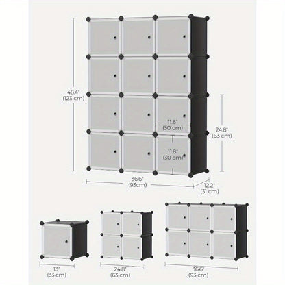 12-Cube Storage Unit, Shoe Rack, Stackable Cubes, Plastic Closet Cabinet, Wardrobe, with Doors, for Bedroom, Office, Easy to Assemble