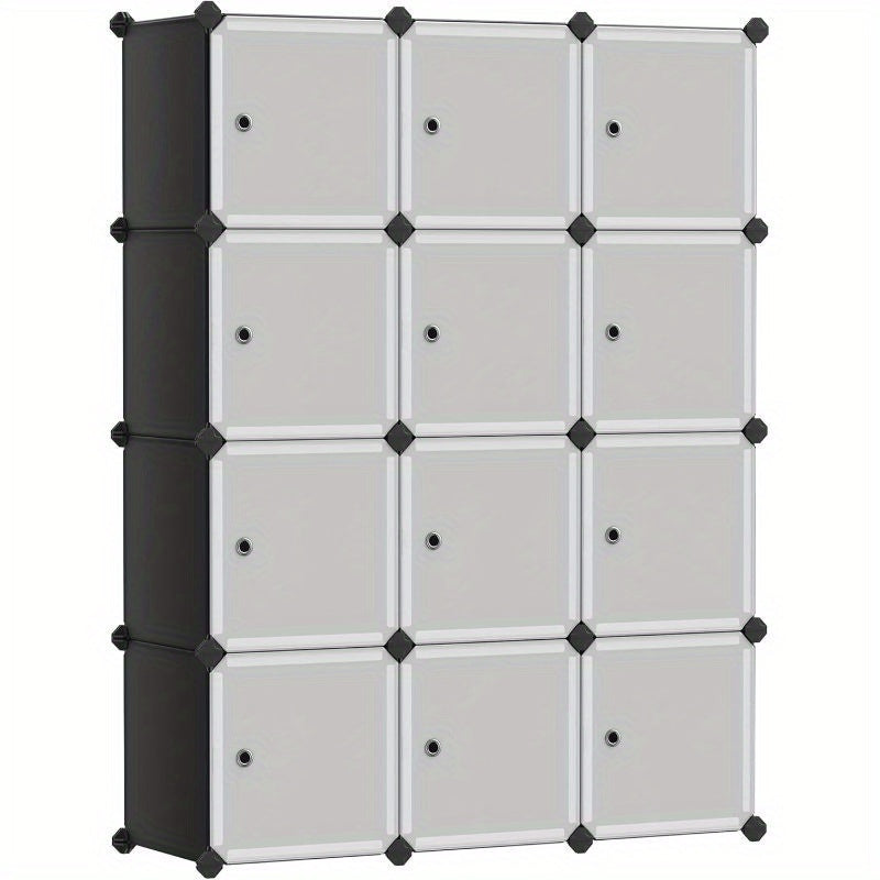 12-Cube Storage Unit, Shoe Rack, Stackable Cubes, Plastic Closet Cabinet, Wardrobe, with Doors, for Bedroom, Office, Easy to Assemble