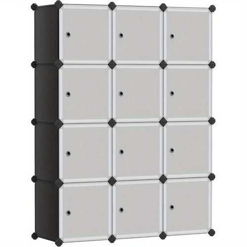12-Cube Storage Unit, Shoe Rack, Stackable Cubes, Plastic Closet Cabinet, Wardrobe, with Doors, for Bedroom, Office, Easy to Assemble