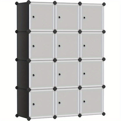 12-Cube Storage Unit, Shoe Rack, Stackable Cubes, Plastic Closet Cabinet, Wardrobe, with Doors, for Bedroom, Office, Easy to Assemble
