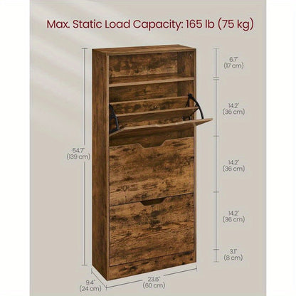 Shoe Cabinet 3 Flip Doors, 4 Tier Shoe Rack, with 1 Open Compartment, Adjustable And Removable Divider, for 14-18 Pairs Shoes, for Narrow Entrance, 24 X 60 X 130 Cm