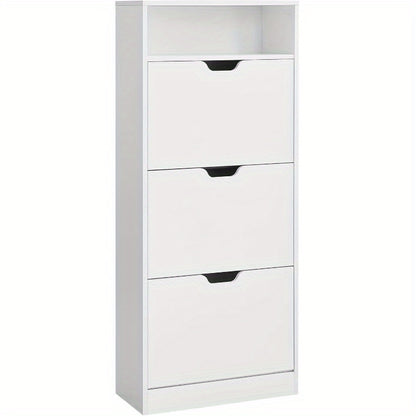 Shoe Cabinet with 3 Flip Doors & 4 Tiers – Holds 14–18 Pairs, Adjustable Divider, Open Compartment, Slim 24x60x130cm for Narrow Hallway & Entrance