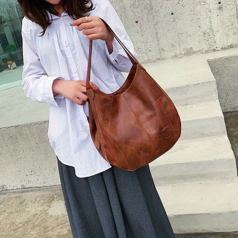 Women's Large Capacity Vintage Leather Tote Bag Multiple Pockets Zipper Shoulder Handbag for Work Travel Gift Ladies 33x12x32cm