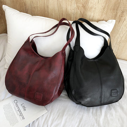 Women's Large Capacity Vintage Leather Tote Bag Multiple Pockets Zipper Shoulder Handbag for Work Travel Gift Ladies 33x12x32cm