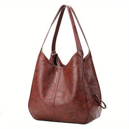 Women's Large Capacity Vintage Leather Tote Bag Multiple Pockets Zipper Shoulder Handbag for Work Travel Gift Ladies 33x12x32cm