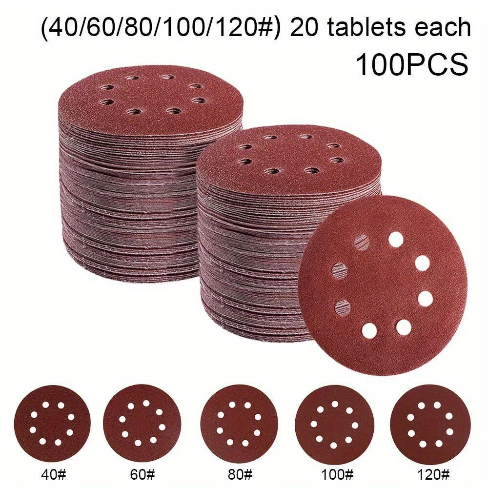 100pcs 125mm- 5" Sanding Discs 40 60 80 120 240 Mixed Grit Orbital Sander 8 Holes