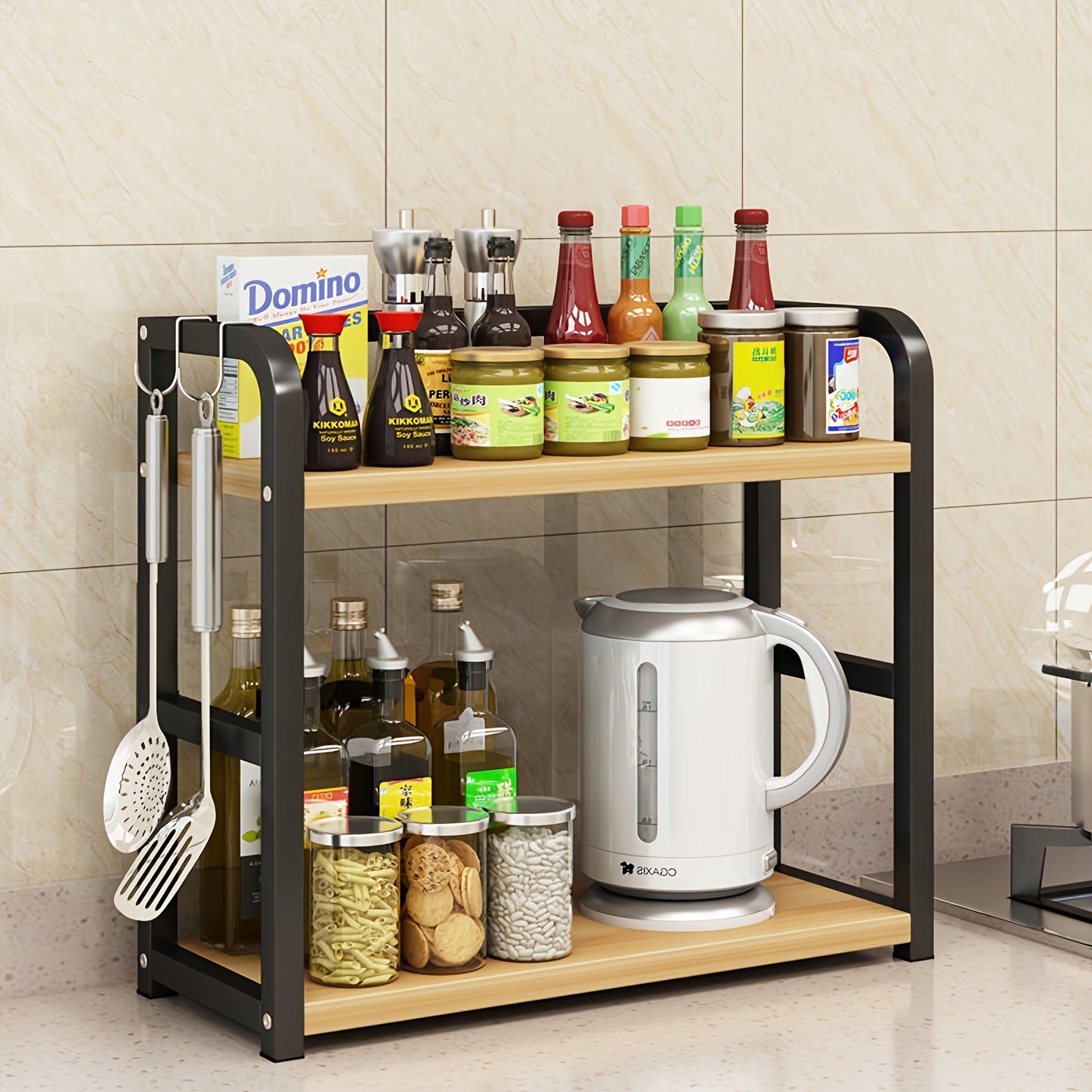 Large 2-Tier Carbon steel Spice Rack- Countertop Organizer for Kitchen, Bathroom& Bedroom- Durable Metal Storage Solution