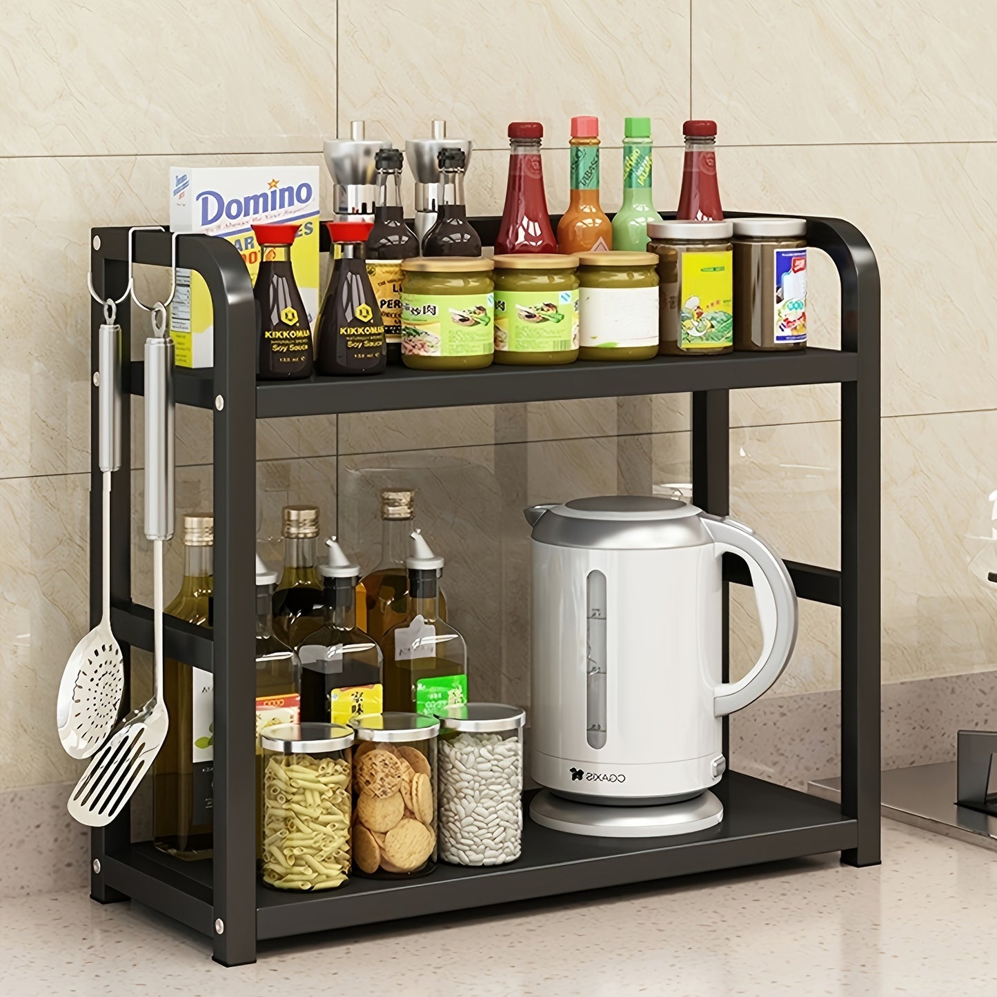 Large 2-Tier Carbon steel Spice Rack- Countertop Organizer for Kitchen, Bathroom& Bedroom- Durable Metal Storage Solution
