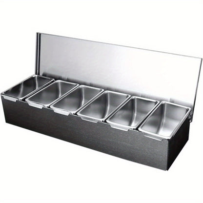 CNCEST Good Quality 6 Compartment Trays Set, Stainless Steel Detachable Topping Station with Lid Pizza Ingredients Condiment Dispenser Reusable Ice Cooled Condiment Seasoning Container, for Home Restaurant 45.5 * 15 * 9Cm New Fine UK UK
