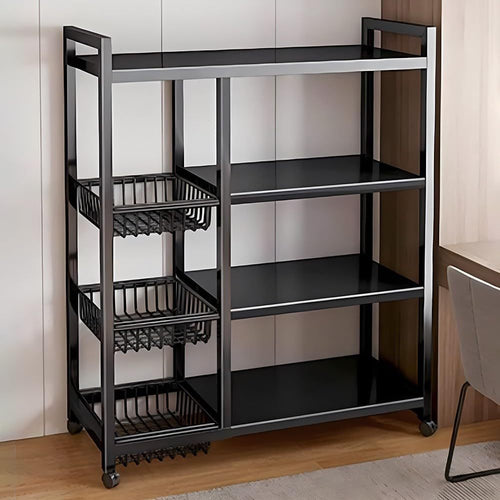 Versatile 4-Tier Metal Storage Shelf with Baskets - Durable, Space-Saving Organizer for Kitchen, Living Room, Bedroom - Rolling Carbon Steel Rack with Wheels