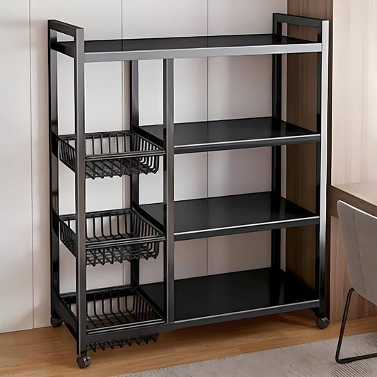 Versatile 4-Tier Metal Storage Shelf with Baskets - Durable, Space-Saving Organizer for Kitchen, Living Room, Bedroom - Rolling Carbon Steel Rack with Wheels