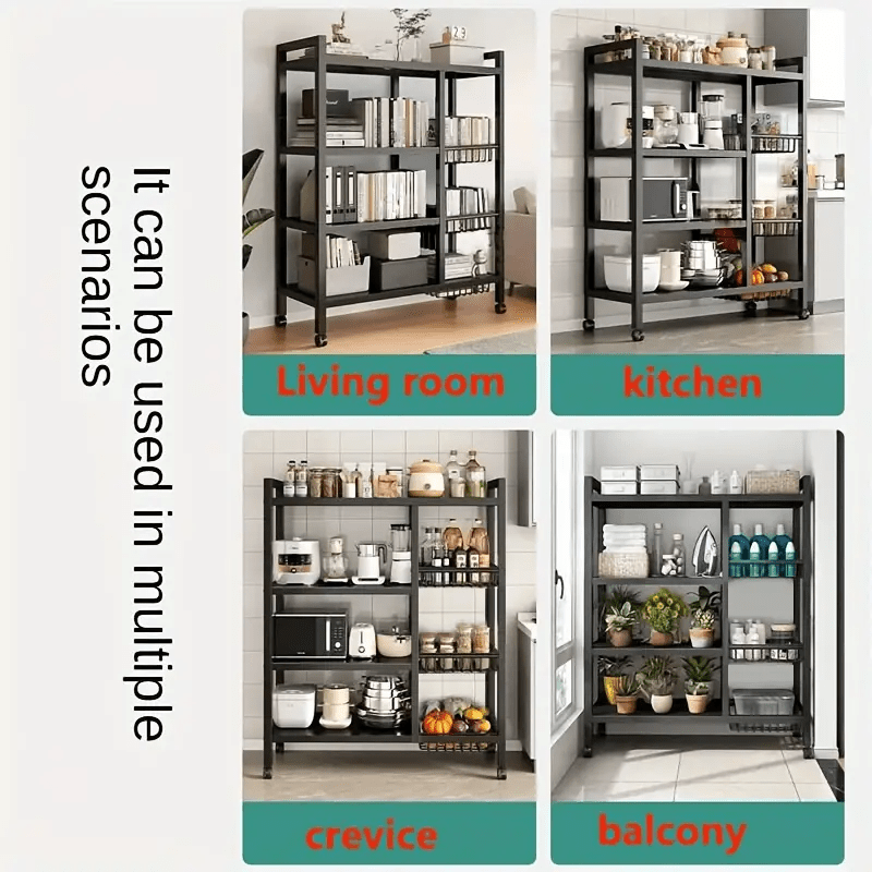 Versatile 4-Tier Metal Storage Shelf with Baskets - Durable, Space-Saving Organizer for Kitchen, Living Room, Bedroom - Rolling Carbon Steel Rack with Wheels