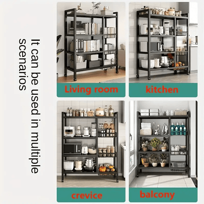 Versatile 4-Tier Metal Storage Shelf with Baskets - Durable, Space-Saving Organizer for Kitchen, Living Room, Bedroom - Rolling Carbon Steel Rack with Wheels