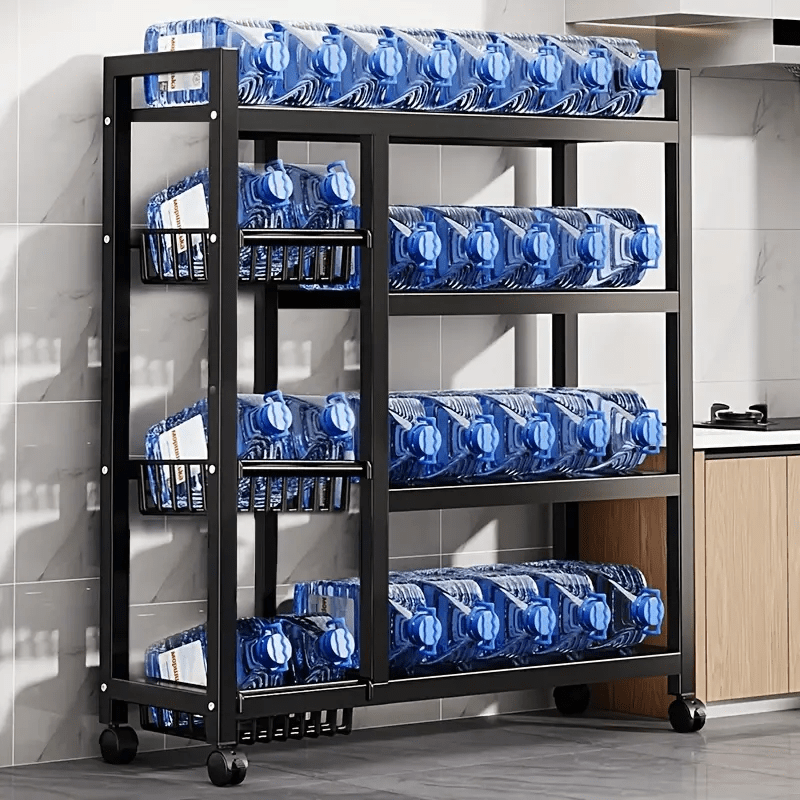 Versatile 4-Tier Metal Storage Shelf with Baskets - Durable, Space-Saving Organizer for Kitchen, Living Room, Bedroom - Rolling Carbon Steel Rack with Wheels
