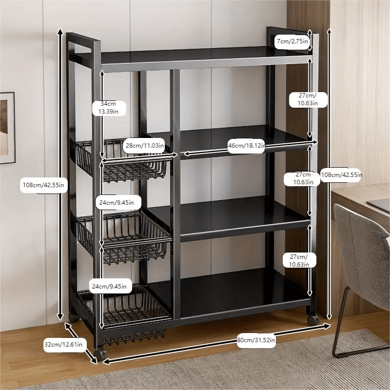 Versatile 4-Tier Metal Storage Shelf with Baskets - Durable, Space-Saving Organizer for Kitchen, Living Room, Bedroom - Rolling Carbon Steel Rack with Wheels