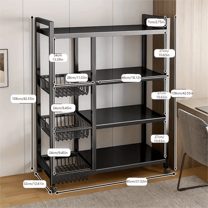 Versatile 4-Tier Metal Storage Shelf with Baskets - Durable, Space-Saving Organizer for Kitchen, Living Room, Bedroom - Rolling Carbon Steel Rack with Wheels