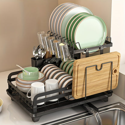 1pc Dish Rack, Carbon Steel 2-Tier Dish Drying Rack with Drainboard Set, Large Metal Dish Racks with Drainage, Glass Holder, Utensil Holder, And Extra Drying Mat, 28.96*28.45*41.91Cm, Organization And Storage