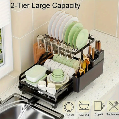 1pc Dish Rack, Carbon Steel 2-Tier Dish Drying Rack with Drainboard Set, Large Metal Dish Racks with Drainage, Glass Holder, Utensil Holder, And Extra Drying Mat, 28.96*28.45*41.91Cm, Organization And Storage