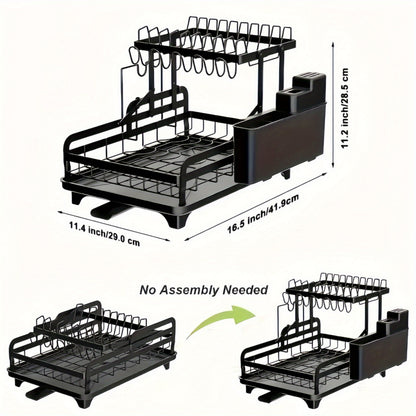 1pc Dish Rack, Carbon Steel 2-Tier Dish Drying Rack with Drainboard Set, Large Metal Dish Racks with Drainage, Glass Holder, Utensil Holder, And Extra Drying Mat, 28.96*28.45*41.91Cm, Organization And Storage